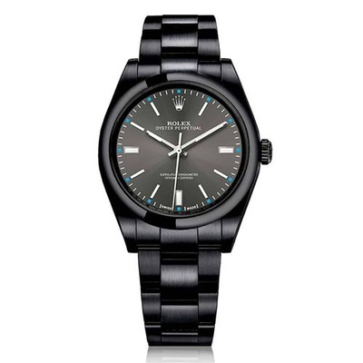 Rolex Oyster Perpetual Grey Dial Black PVD/DLC Coated Steel Watch 114300