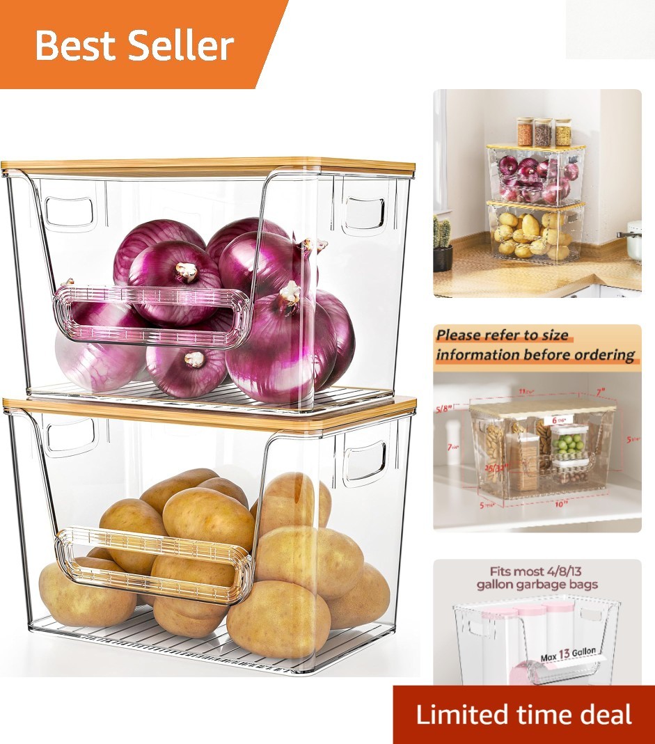 2-Pack Clear Pantry Organizers with Bamboo Lids for Trash Bags & Kitchen Storage