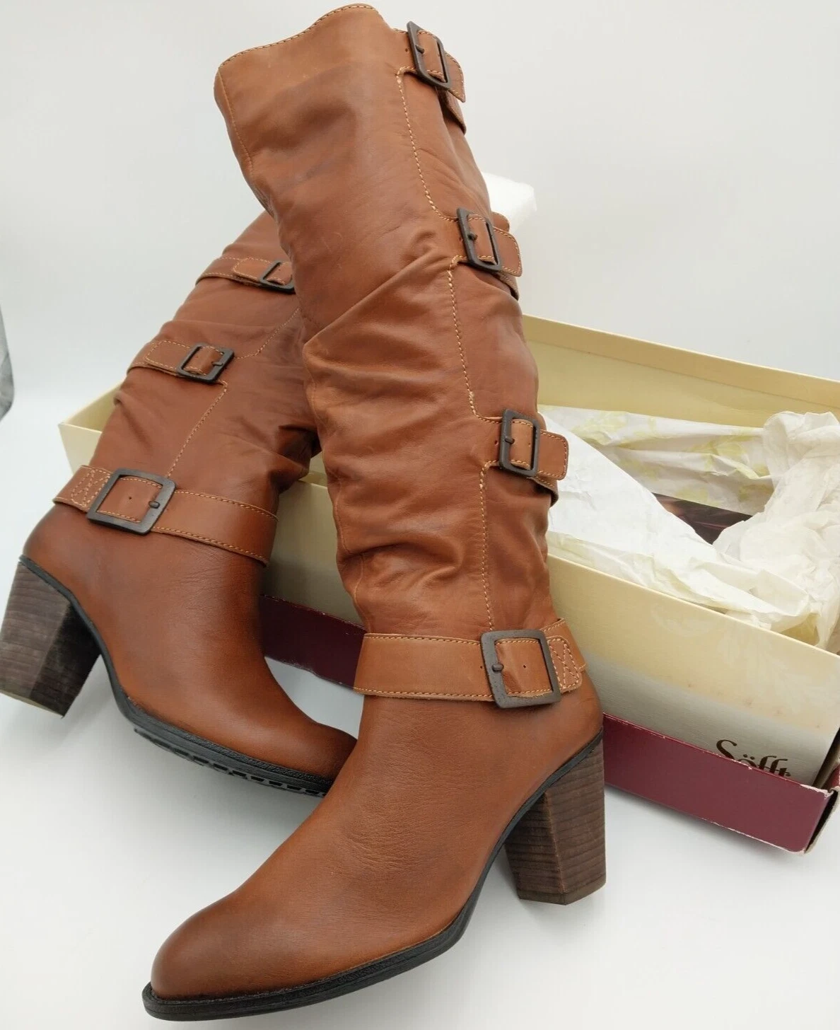 Soft BUCKLE Boots Womens Size 6 TABACCO Stretch Pull On FULL ZIPPER