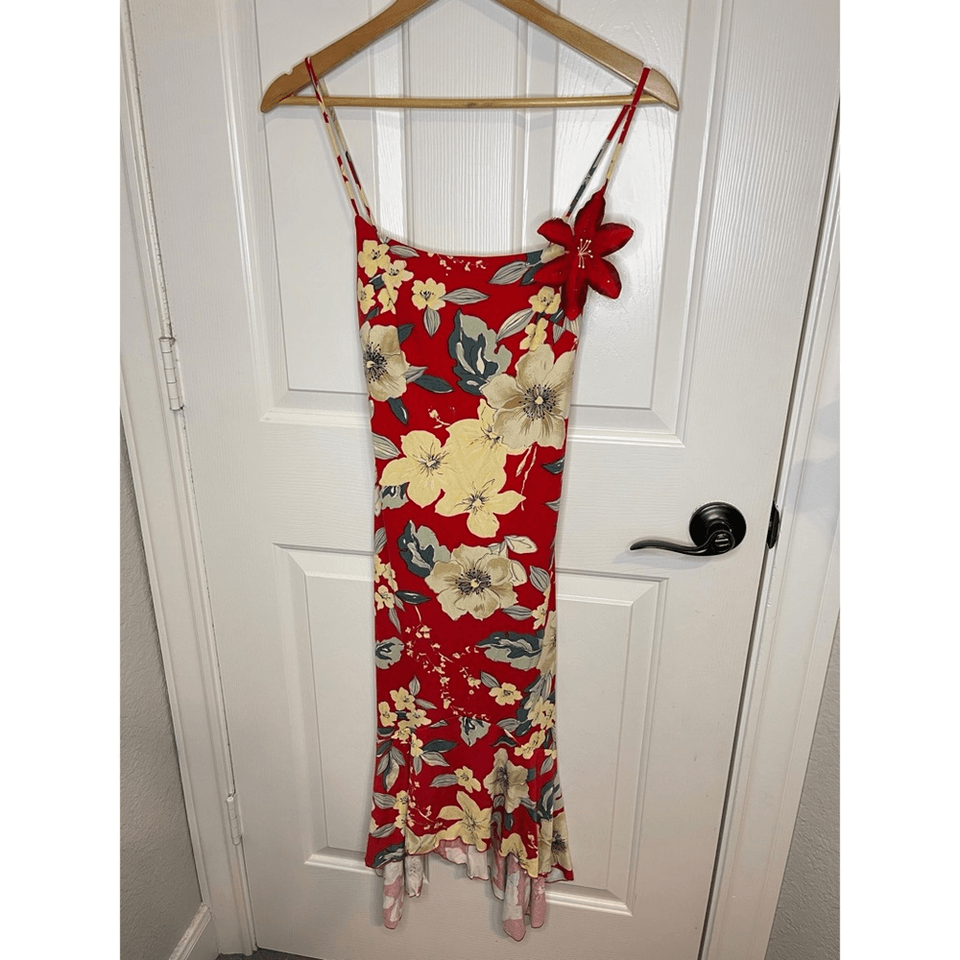 VTG 90s Rampage Red Hibiscus Ruffle Midi Dress Size S Tropical Vacation