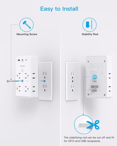 Multi Plug Outlet Extender with USB C Ports 3 Sided Power Strip with 900J Su... - 第 6/7 張圖片