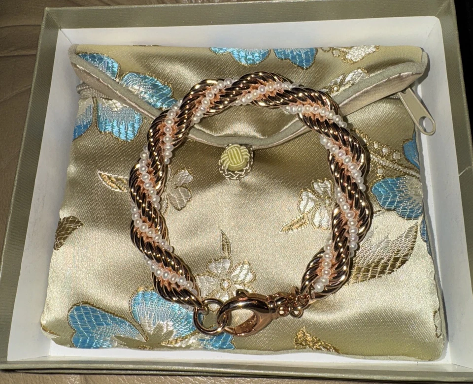 PULSERA HONORA PERLA CULTIVADA CUERDA BRONCE TRENZADO TALLA 6-3/4 A 7" AJUSTE Foto 2 de 4
