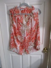 Studio B Bobeau Orange Coral Floral Sleeveles Semi Sheer Ruffle Neckline Top- S
