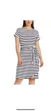 WOMEN'S CHAPS WHITE STRIPED CREWNECK KNIT DRESS WITH SASH BELT! VARIETY NWT