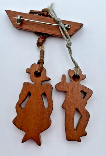 Vintage handgeschnitzte Holz handbemalte Dame und Herr hängende Brosche Anstecknadel - Bild 10 von 11