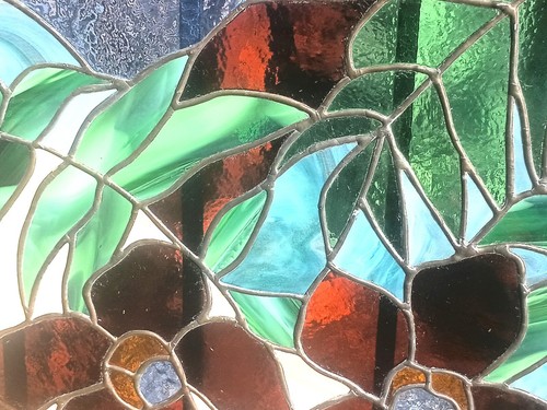 Stained Glass Leaded Sun Catcher Oak Frame Leaves Flowers 31" 5/8"x 20" 5/8" - Picture 13 of 23