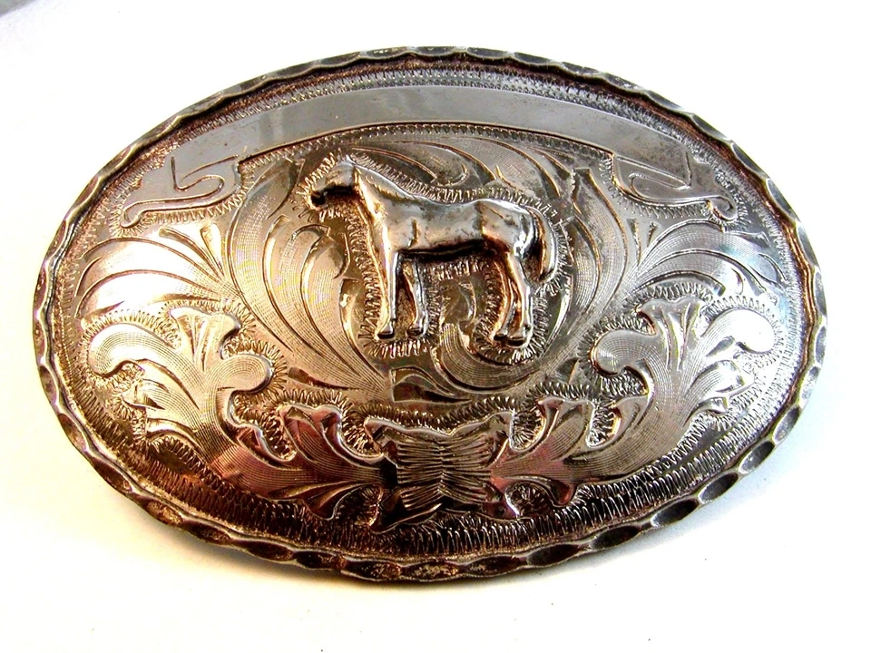 Vintage Mexican Alpaca Silver Horse Pony Western Cowboy Belt Buckle 5" X 3 1/2"