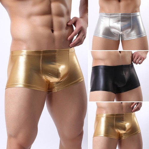 Mens Sexy Shiny Glossy Faux Leather Underpants Boxer Brief Trunks Underwaer - Picture 1 of 21