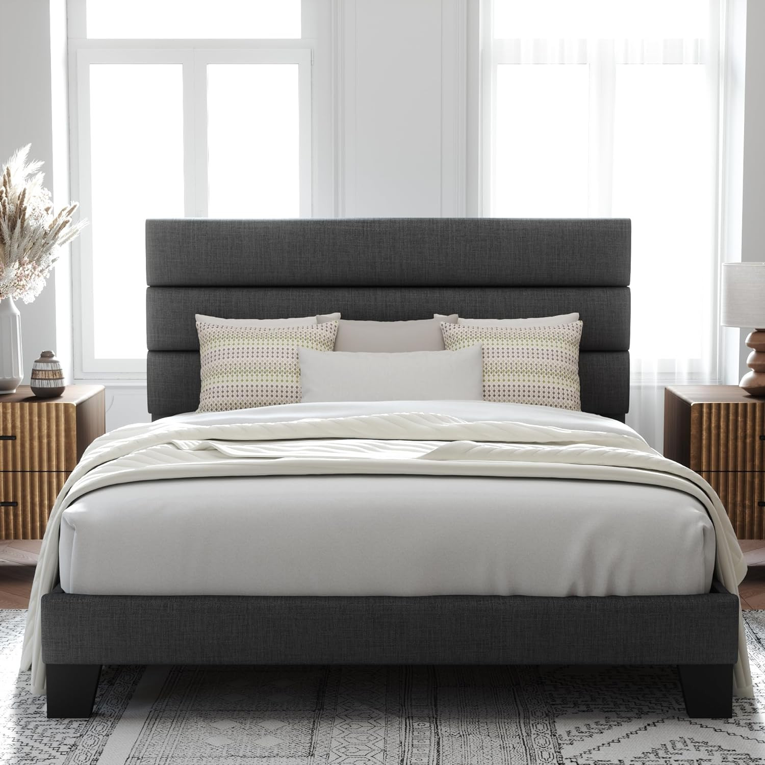 Full Size Platform Bed Frame with Fabric Upholstered Headboard and Wooden Slats