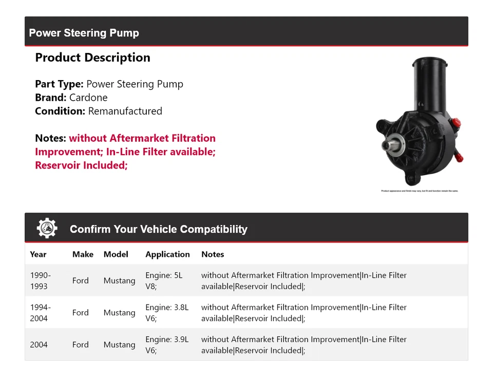 Bomba de dirección asistida Cardone para Ford Mustang 1990-2004 1991 1992 1993 1994 1995 Foto 2 de 4