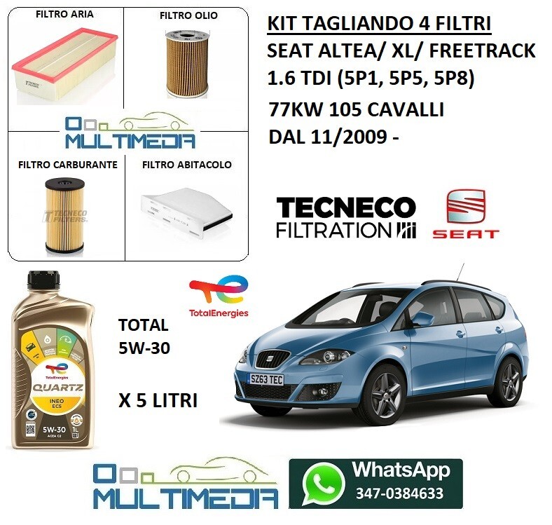 KIT 4 FILTRI TAGLIANDO SEAT ALTEA 1.9TDI Motori BXF BJB BKC 2.0TDI - Foto 3