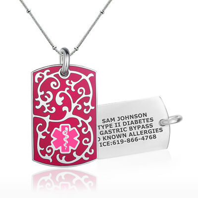 Divoti Custom Engraved Filigree Medical Alert ID Necklace   Style-Pink