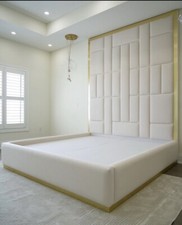 Olivia Ivory Luxury Bed Frame Velvet Multi Panel With Gold Mirror Finish Inlays