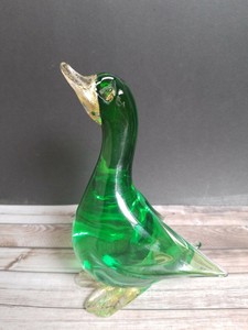 Sticker-Says-MURANO-ITALY-Art-Glass-Duck-Figurine-Green-Gold-Flecks-Color-5-5