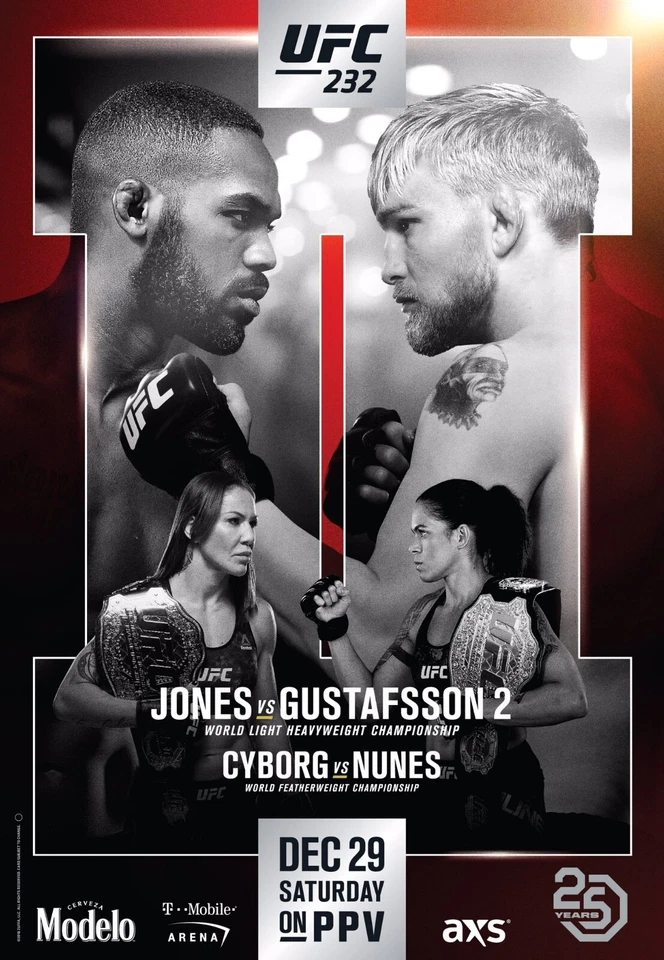 Fight Poster UFC 232 Jon Jones Vs Alexander Gustafsson 2 11X16 Cyborg vs Nunes