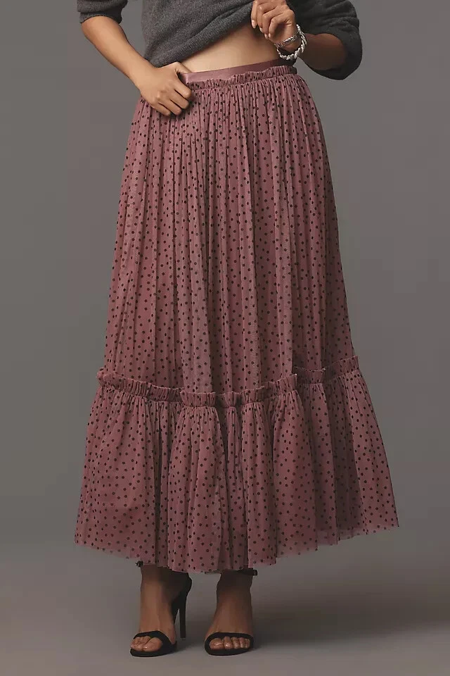 Maxi Falda de Tul en Niveles Rosa Pull on Dot Estampada Transparente Nueva M de Anthropologie Foto 4 de 4