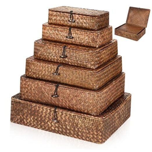 6 Pcs Seagrass Storage Baskets with Lid Large Wicker Decorative Storage