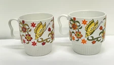 Vtg 1970s Stackable Butterfly Flower Coffee Cups Mugs Retro Hippie Made Japan