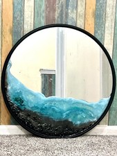 Espejo de pared redondo de 24 pulgadas hecho a mano de resina onda del océano playa costera decoración del hogar
