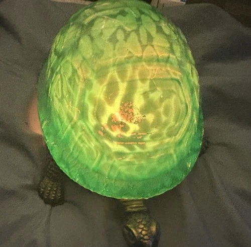 Vtg Tiffany Style Turtle Lamp Brass Cast Iron Green Glass Nightlight Art Nouveau