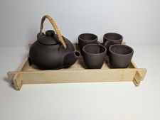 Mini Chinese Tea Set Teapot 4 Cups Bamboo Tray, Vintage