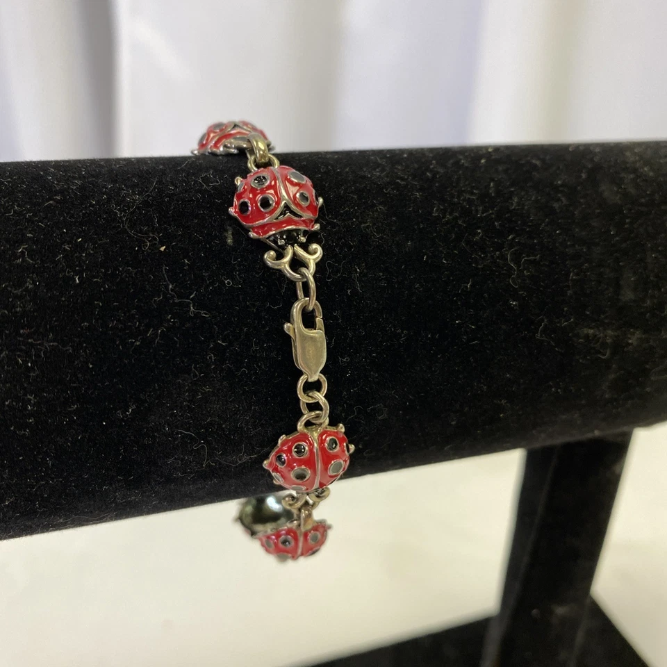 "BRAZALETE DE ESLABONES DE CADENA LADYBUG HINCHADO PLATA ESTERLINA ESMALTE ROJO VINTAGE 7""" Foto 2 de 4