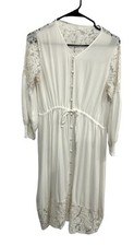 White Lace Boho Long Dress Button Front Drawstring Waist Beachy Coastal