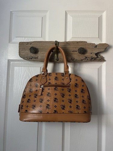 ALBA by CHUMA Studded Bowler Cognac Monogram Leather Satchel Handbag RARE - Picture 4 of 17