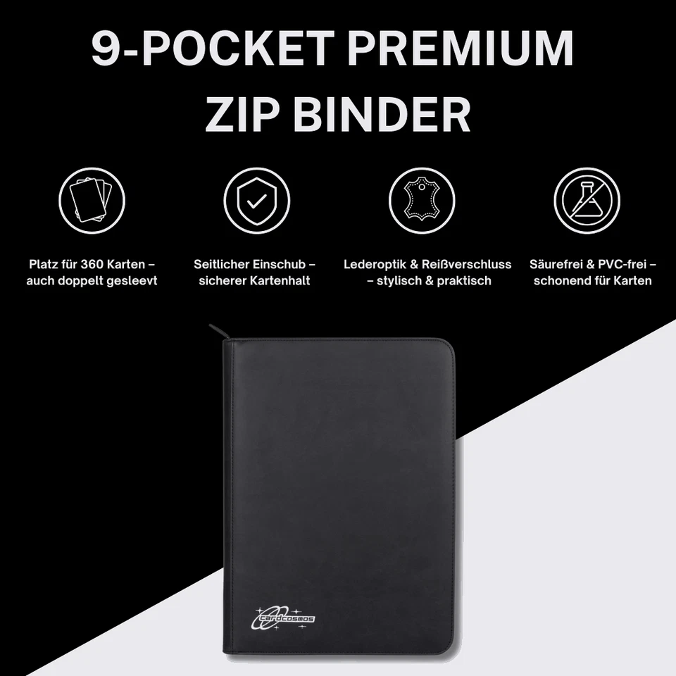 cardcosmos - 9 Pocket Zip Premium Leather Binder - Schwarz/Silber - Bild 2 von 4