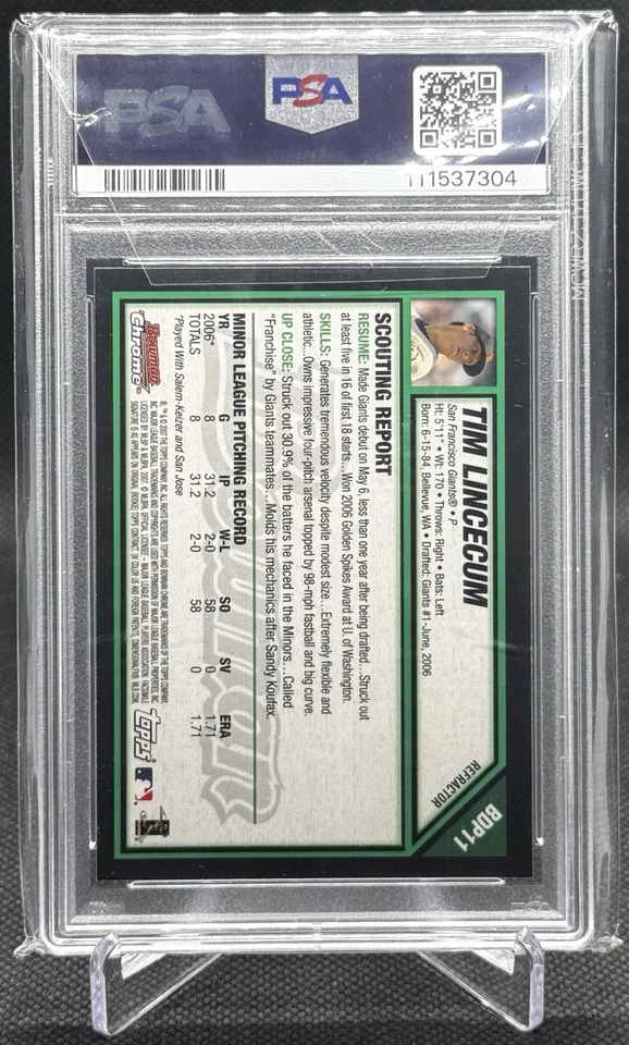 2007 Bowman Chrome - Tim Lincecum (RC) Refractor PSA 10 GEM MT Facsimile Auto  - Image 2 of 3