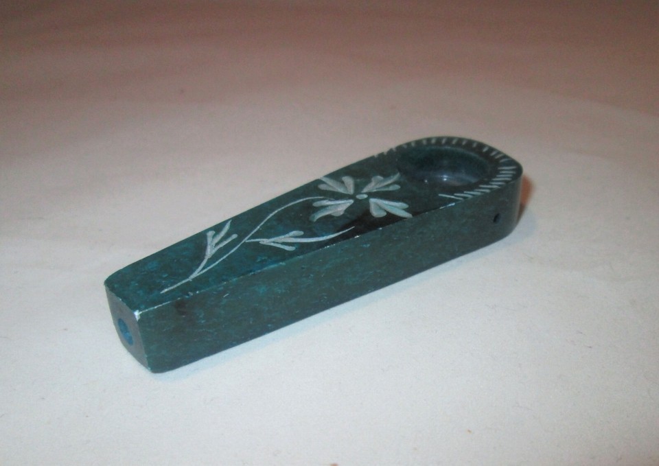 Natural Carved Stone 3" Tobacco Smoking Pipe Teal Blue Floral Soapstone