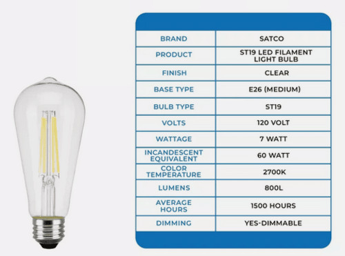 SATCO S9581 Vintage 7 Watt LED Clear Light Bulb (60W) Medium Base 800 Lum  2700K
