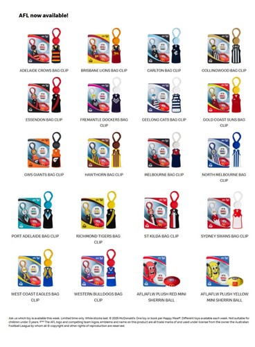 McDonald's 2025 Toys AFL Sports BAG CLIP With Stickers & Card New In Box - Pick - Picture 8 of 28