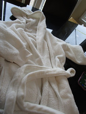 Pottery Barn fuzzy plush robe hooded white cuff sleeves photo shoot sample