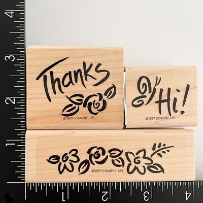 Stampin Up Thanks Hi Butterfly Flowers 1997 Wood Mounted Rubber Stamp ...