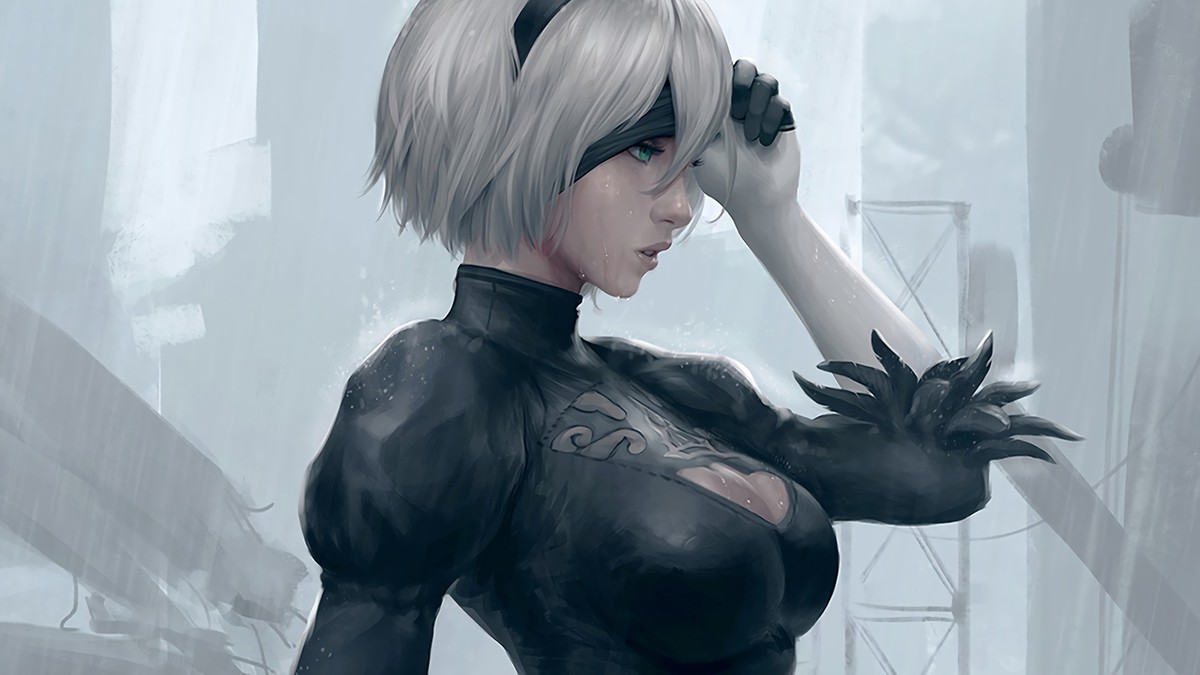 Anime 2b digital art blue eyes nier automata cleavage Playmat
