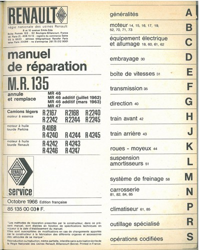 Manuel de Réparation MR135 RENAULT Fourgon R 2167 à 2245-4168 à 4245-4242 à 4247 - Picture 2 of 5