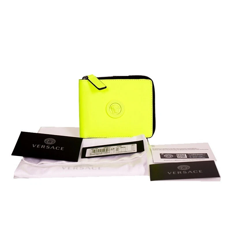 Versace — NEW $625 VERSACE Fluorescent NEON Yellow Rubber MEDUSA BIGGIE Bifold ZIP WALLET