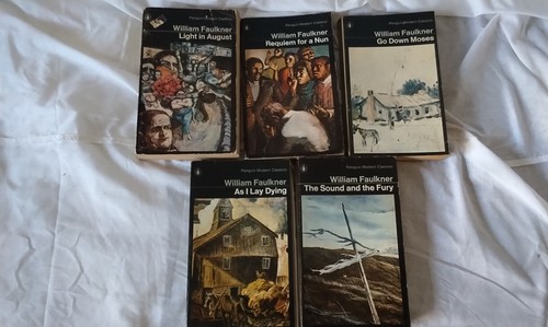 5 William faulkner books moses sound fury requiem August as Iay dying