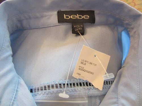 *NWT* BEBE RUFFLE BIB BISHOP SLEEVE BABY BLUE STRECH SILK BUTTON UP BLOUSE~LARGE - Picture 6 of 6