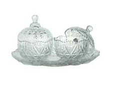 3PC Glass Sweet Sugar Bowl With Lid Tray Crystal Effect Candy Bonbon Dish Jar