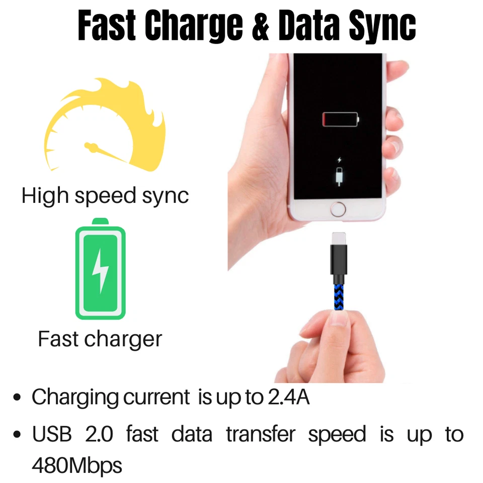 Cable de carga rápida USB cable de carga trenzado de 10 pies para Apple iPhone 11 XR X 8 7 6 Foto 3 de 4