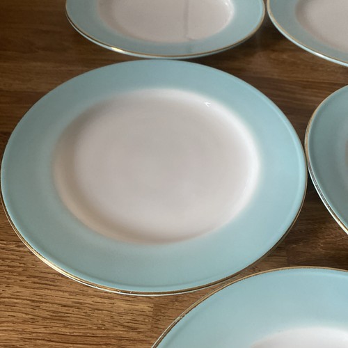 Pyrex Turquoise Blue Band 5pc Bread or Salad Plates 6.5" Vintage milk glass MCM - Picture 6 of 16