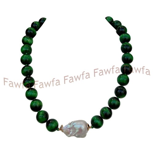 12mm Green Malachite Round Gems Beads White Keshi Baroque Pearl Necklace 18'' - Picture 2 of 5