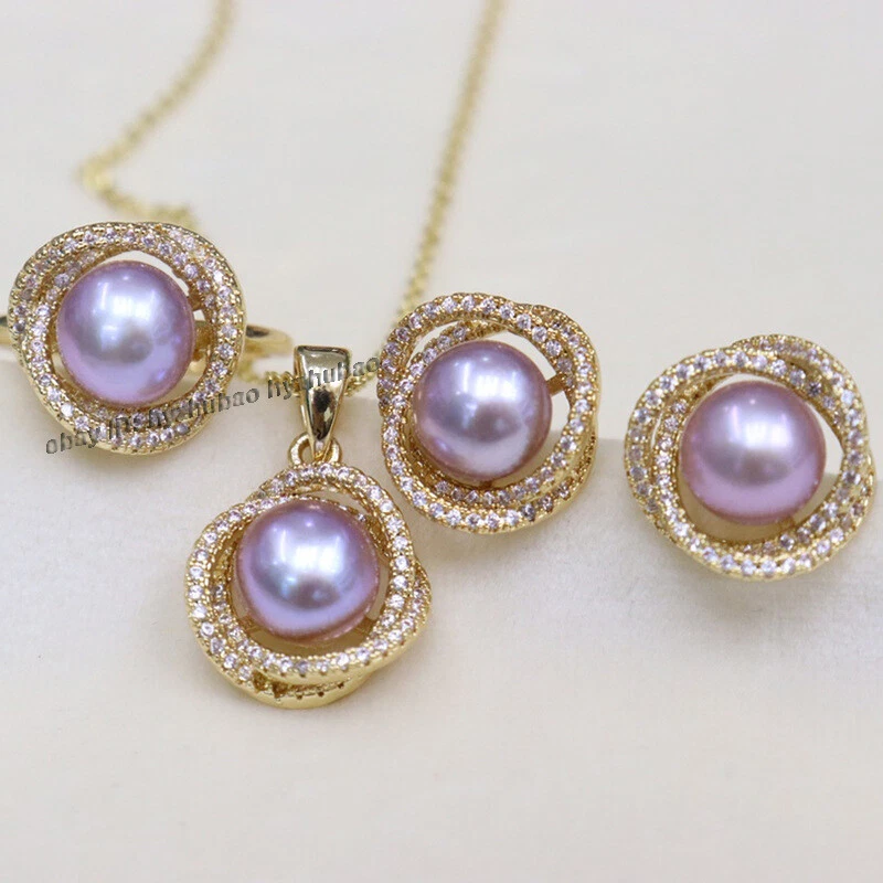 Women's Natural Pearl 18K Gold GP Inlay Earrings +Ring+Pendant Necklace Set AAA - Image 2 of 4
