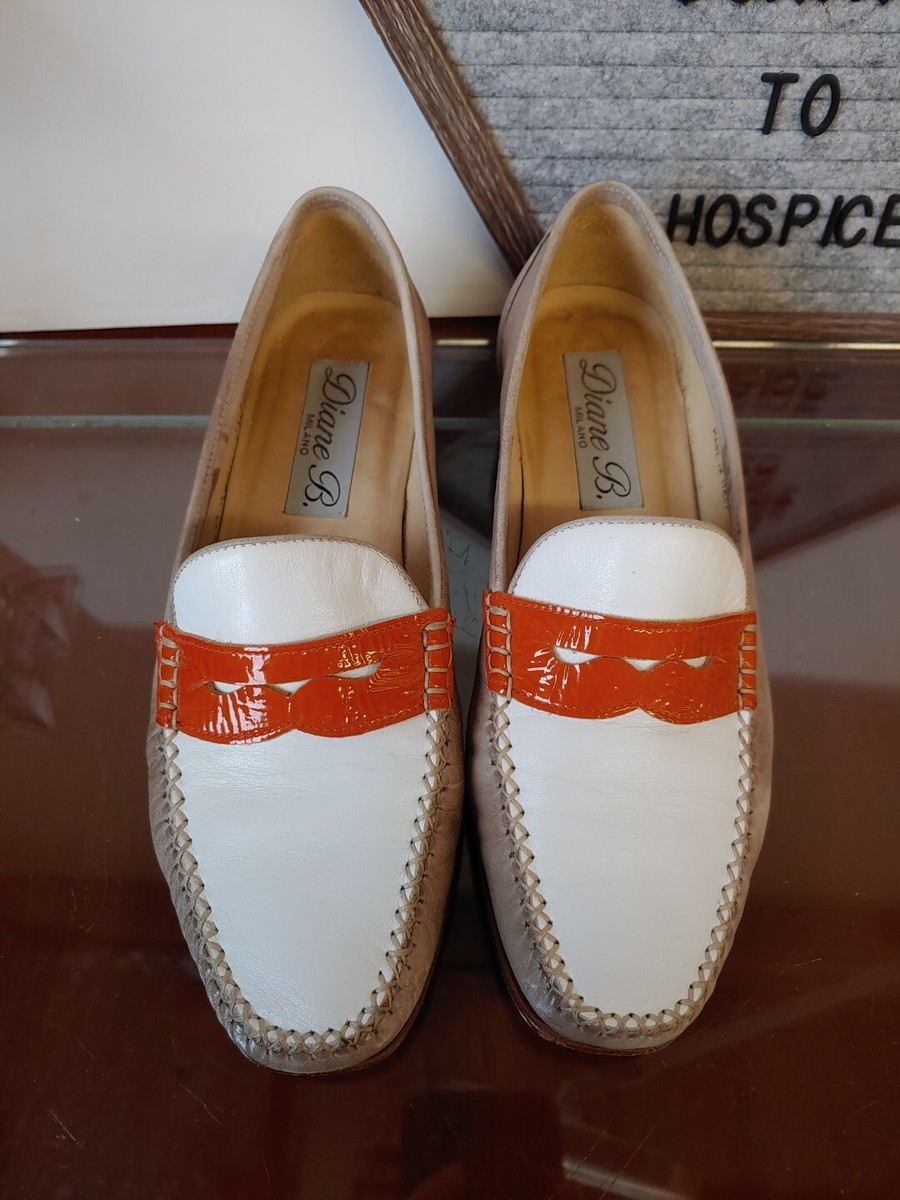 Diane Milano Italian-Made Tan White Orange Leather Penny Loafers Sz 38  /US