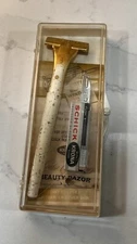Vintage 1960s Schick Lady Eversharp Beauty Razor & Blades White Handle Gold Head