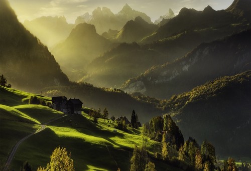 Landscape switzerland mountains mist forest road grass Custom Gaming Mat Desk - 第 1/1 張圖片