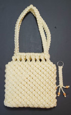 Vintage Light Yellow Macrame Purse Bag w/ Matching Keychain Cottagecore BOHO 70s