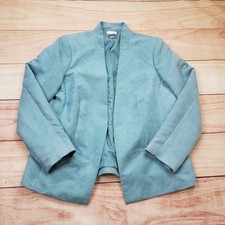 Chicos Blazer Jacket Womens Size 2 L Blue Faux Suede Open Front Mandarin Collar